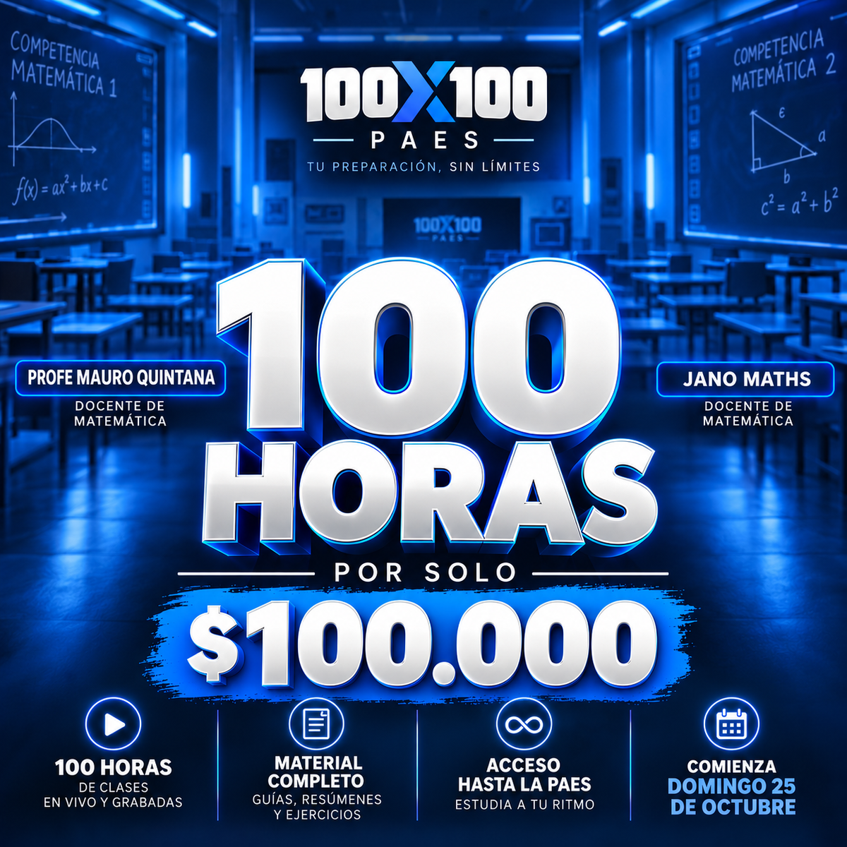 Profesores Mauro Quintana y Jano Maths del curso intensivo PAES Matemáticas 100x100, preparación M1 y M2 2026.